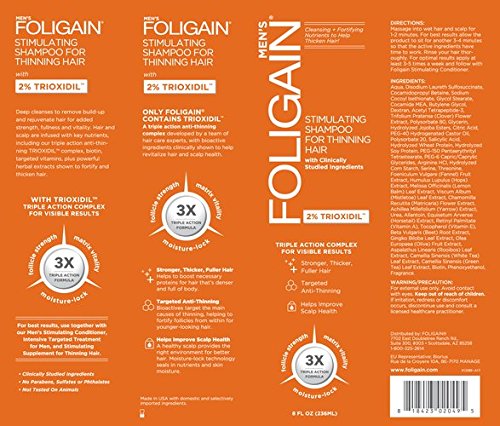 FOLIGAIN Shampoing Triple Action pour cheveux fins chez l’Homme avec 2% 